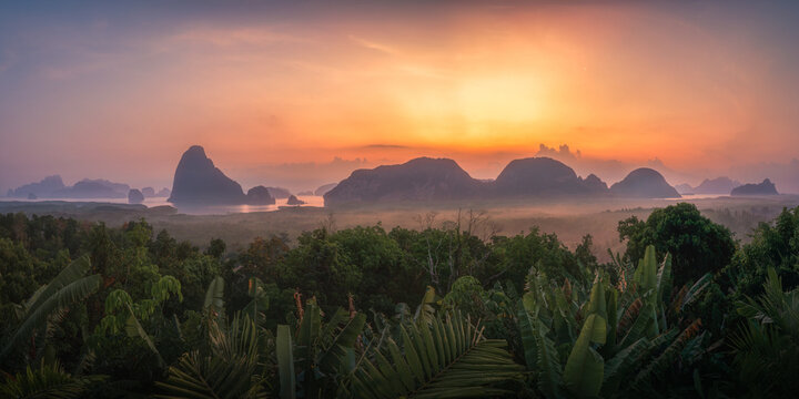 tropical islands in the phang nga bay from samet nangshe viewpoint at sunset in krabi in thailand