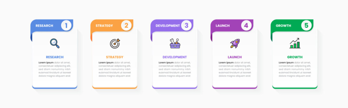 Business infographic template with five step workflow. Modern design with colorful cards and icons. Ideal for project stages, marketing process, presentation, business strategy visualization. EPS10.