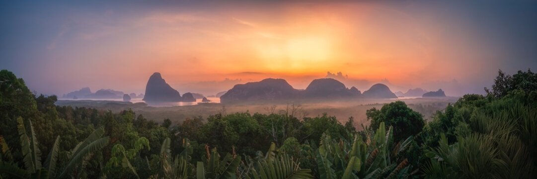 tropical islands in the phang nga bay from samet nangshe viewpoint at sunset in krabi in thailand