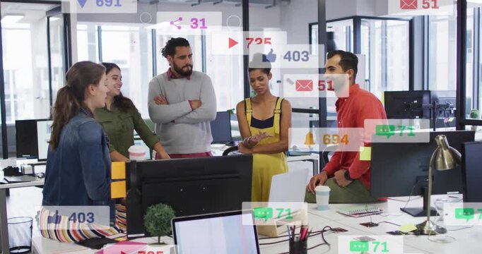 Animation of changing numbers, icons in notification bars, diverse coworkers sharing ideas in office