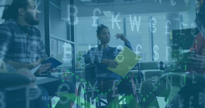 Animation of financial icons and data processing over diverse business people in office