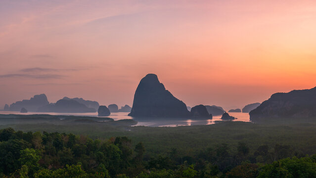 tropical islands in the phang nga bay from samet nangshe viewpoint at sunset in krabi in thailand