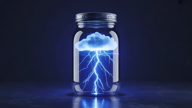 Lightning energy inside glass jar representing electric power energy storage technology and electricity concept