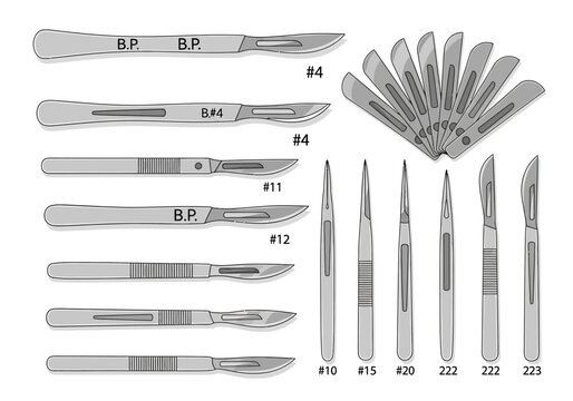 Surgical scalpels and medical tools.