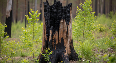 Fototapeta premium Resilient Stump in Rebirth: A starkly contrasted image of a charred tree stump against a backdrop of vibrant green new life symbolizes the cycles of nature and the resilience of the environment.