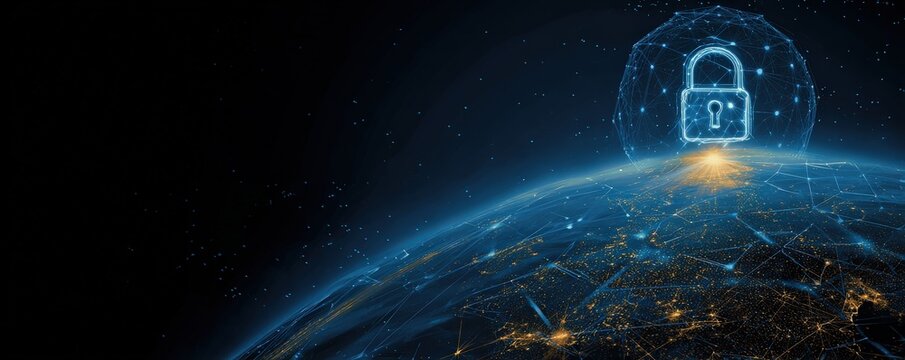 A digital representation of Earth with a security lock symbol, illustrating cybersecurity and global connectivity in a technological landscape.