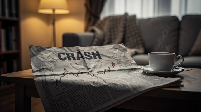 A cup of coffee sits beside a newspaper with the headline "CRASH," on a table in a cozy living room, hinting at financial turmoil.