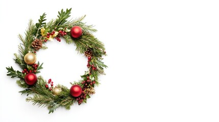 Festive Holiday Wreath: A vibrant holiday wreath, composed of lush evergreen boughs, adorned with ornaments and seasonal decorations, embodies the spirit of the season. 