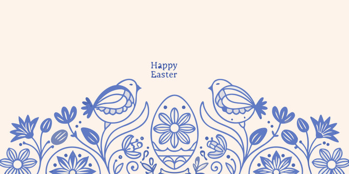 Stylized blue birds and floral egg illustration for a happy easter