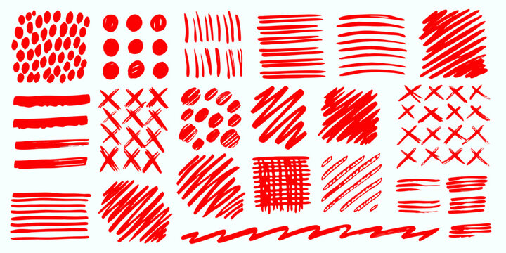 Collection of abstract red scribble patterns and textured brush strokes