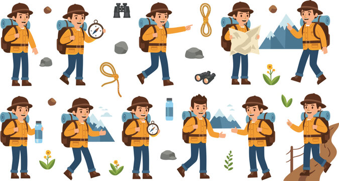 Collection of male hiker vector characters wearing backpacks and hats while using a compass and map for outdoor adventure and mountain trekking designs.