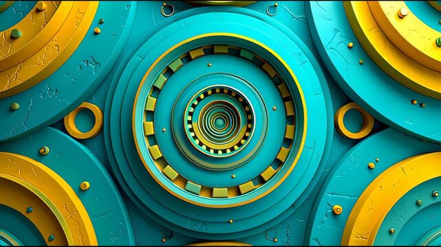 A vivid, spiraling pattern of interlocking turquoise and yellow circular metallic gears with layered depth