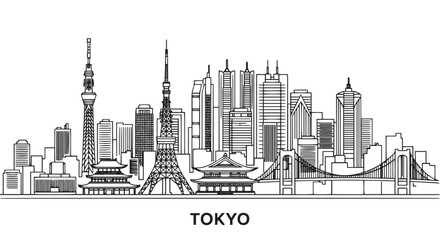 Obraz premium Tokyo Skyline Architectural Illustration Outlined in Black