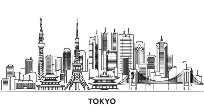 Tokyo Skyline Architectural Illustration Outlined in Black