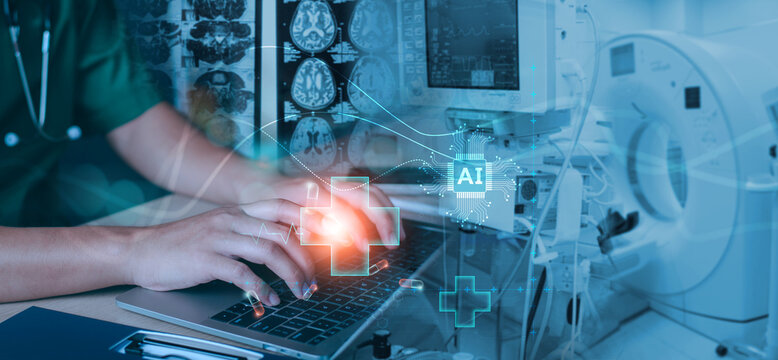Healthcare professional typing on laptop, overlaid with a network of brain scan and medical data. AI, large medical scanner, CT,MRI in background. AI in healthcare, radiology, computer aided diagnosis