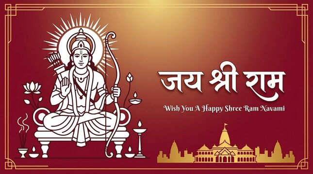 "Shree Ram Navmi" Marathi, Hindi Calligraphy, lettering written text means Shree Ram Navmi with Lord Ram vector illustration and Ayodhya temple