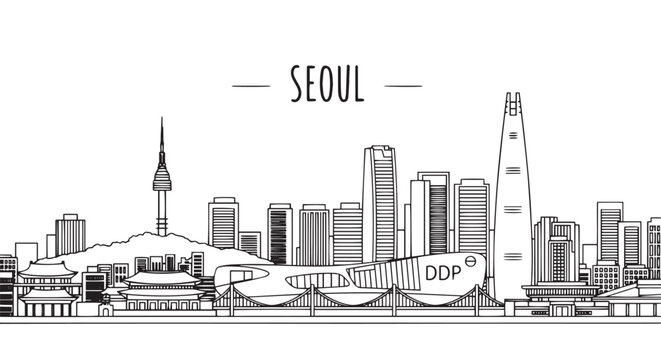 Seoul Cityscape Outline Illustration with Famous Landmarks