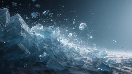 Obraz premium The Shattered Glacier: Dramatic, captivating image of crystalline ice shards cascading in an ethereal dance, evoking a sense of raw power and the ephemeral beauty of nature's forces.