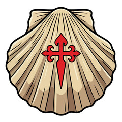 Scallop shell icon with Cross of Saint James symbol. Vieira Camino de Santiago