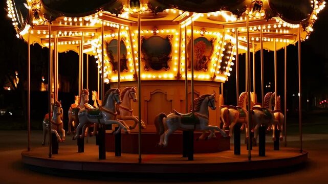 Slow motion tracking shot of carousel horses rotating on illuminated merry go round in park at night with golden lights