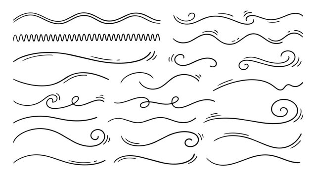 Hand drawn doodle vector set of wavy and curved lines in refined sketchy ink pen style with clean black outlines isolated on white background