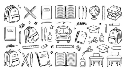 Hand drawn doodle vector set of school education elements and learning icons in sketchy outline style isolated on white background © Creative Lab
