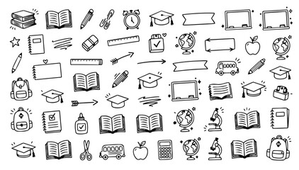 hand-drawn doodle vector set of school doodles illustrated in a playful sketchy outline style isolated on white background