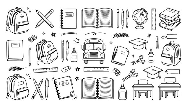 Hand drawn doodle vector set of school education elements and learning icons in sketchy outline style isolated on white background