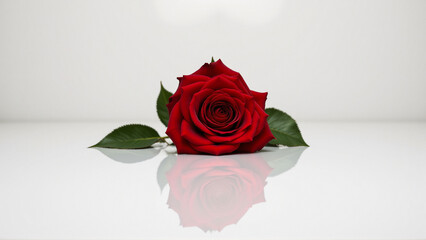 Fototapeta premium A single vibrant red rose delicately rests on a reflective white surface