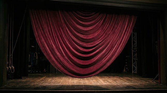 Deep wine-colored velvet stage curtain elegantly draped over a wooden theater floor, ready for a spectacular performance.