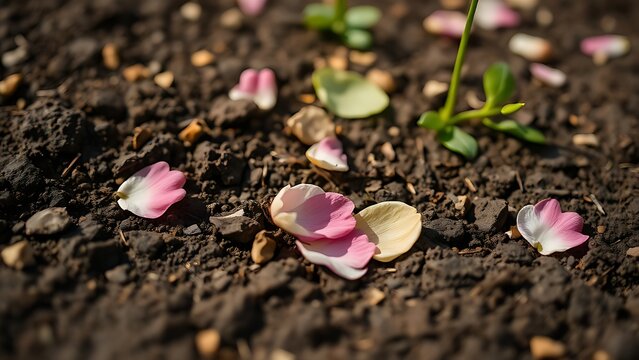trampled. A garden soil surface with trampled flower petals and broken stems in soft daylight. ESG reports, sustainability campaigns, designed for sustainability communications and ESG reporting.