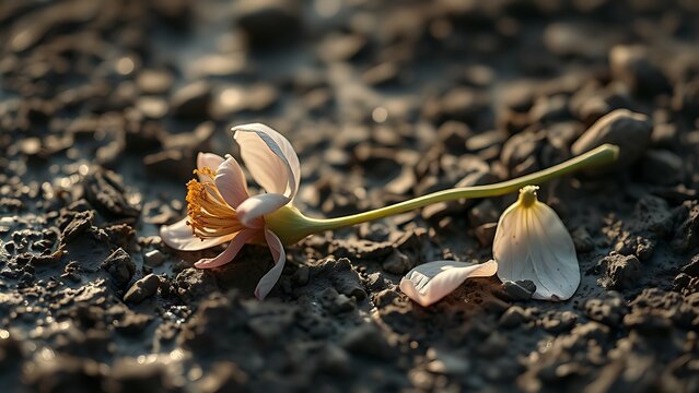 trampled. Trampled wildflower in muddy soil under soft morning light, close-up view. gardening catalogs, home-decor guides, designed for gardening and botanical catalogs.