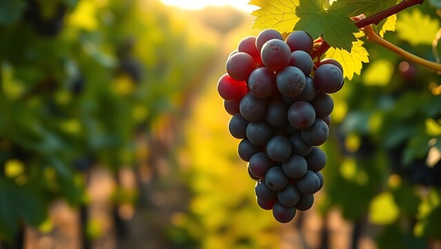 generality. A single cluster of Cabernet Sauvignon grapes glistening with dew in a vineyard under soft sunlight. gardening catalogs, home-decor guides, designed for home decor and floral branding.