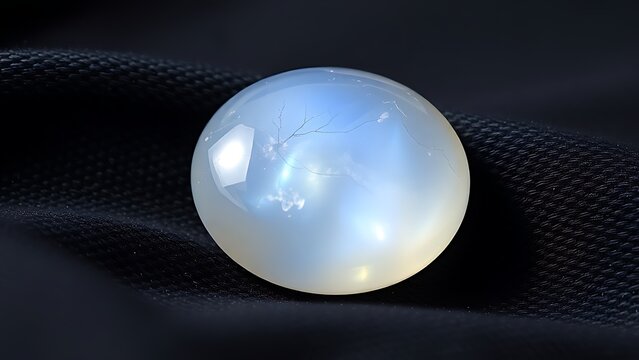 culpability. A moonstone gemstone glowing softly on dark fabric, close-up view. STEM education sheets, lab safety posters, designed for STEM education and laboratory safety posters.