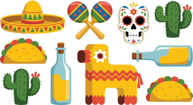 Vector illustration set of Mexican culture icons featuring traditional food, sugar skull, cactus, pi&ntilde;ata, and fiesta elements in cartoon style