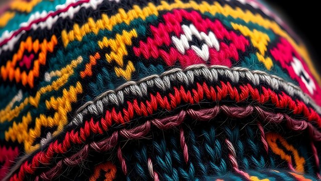 deontology. Colorful traditional Andean knitted hat with intricate geometric patterns. event programs, museum guides, designed for cultural heritage projects and event programs, preserves heritage.