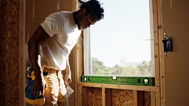 Black man drilling near window in home construction site