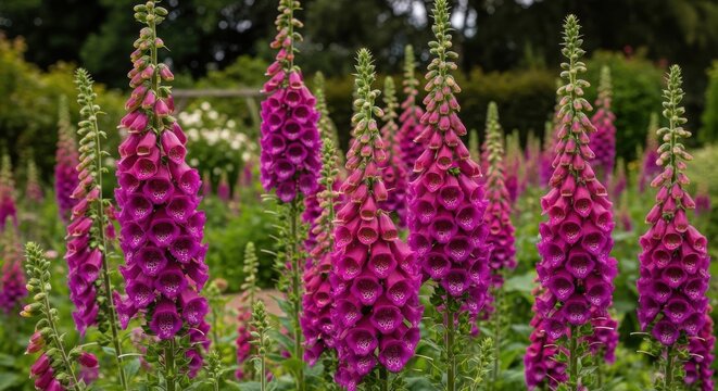 Towering Spikes of Deep Crimson Foxgloves in a Lush Garden Setting