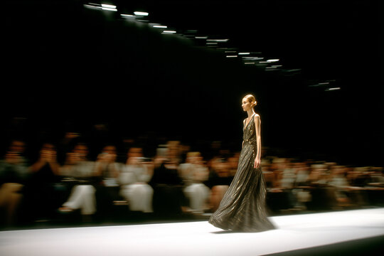 Model in a metallic dress walking a stark white runway with press flash photography and motion blur effects