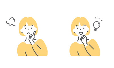 悩みとひらめきの若い女性のイラスト素材セット