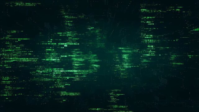 Tracking shot of digital code streaming across virtual network interface with green binary data flowing in cyberspace