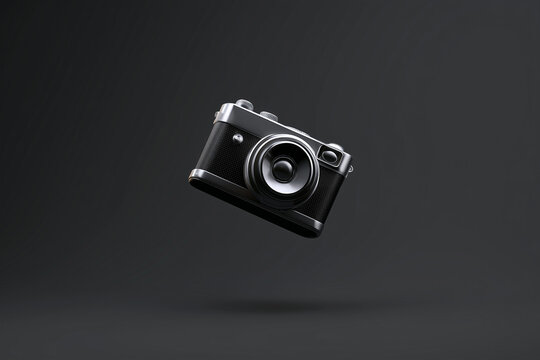 3D render of an early digital camera in silver and black plastic with chrome lens floating on dark gradient