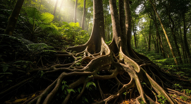 Ancient Roots in Sunlight: Majestic tree with expansive, gnarled roots anchors itself in a verdant, sun-dappled forest.