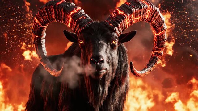 A powerful ram with fiery horns set against a dramatic backdrop.