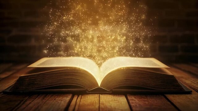 An open book with magical sparkles.