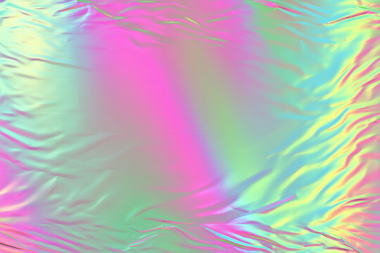 Holographic Y2K background with metallic chrome textures, prismatic rainbow surfaces, iridescent gradient, millennium aesthetic, digital art, futuristic retro design concept.