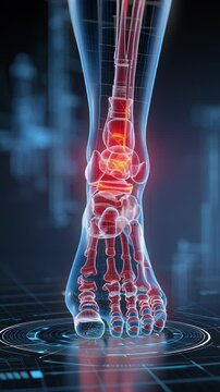 3D rendered digital illustration of human foot skeleton with highlighted ankle joint pain area.