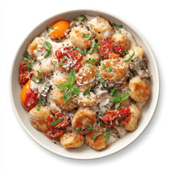 Fototapeta premium Ricotta gnocchi with creamy mushroom sauce, roasted cherry tomatoes and fresh basil, overhead view of Italian comfort food