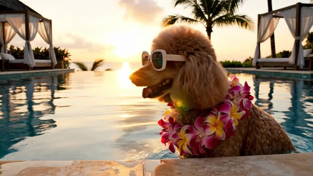 A poodle in sunglasses enjoys a sunset by the poolside.