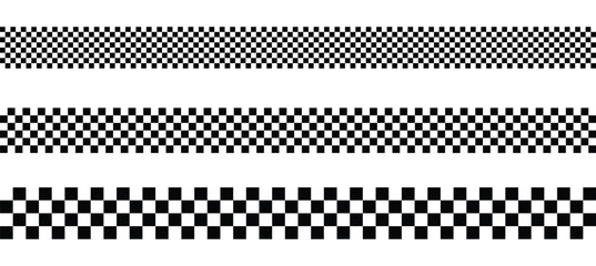 Checkered racing flag border set. Black and white checker pattern strip. Motorsport finish line banner.